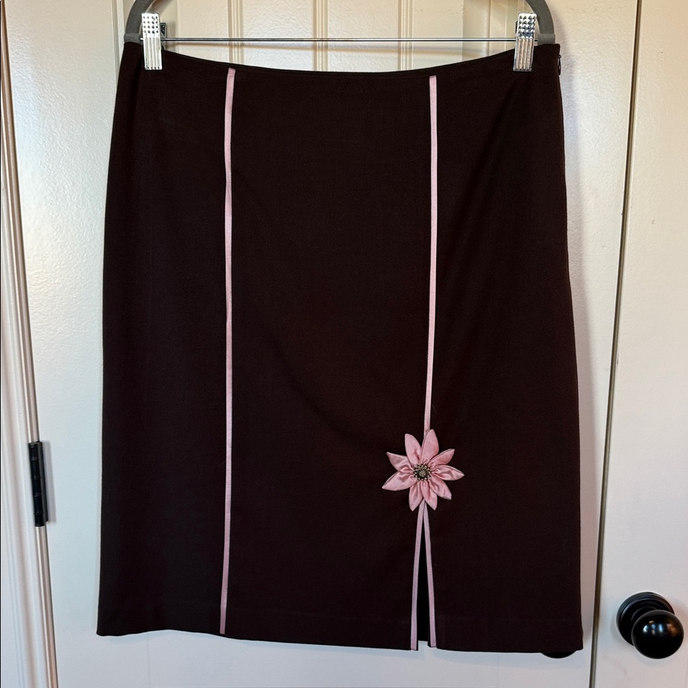Karen Kane Black Pencil Skirt with Pink Piping and Flower Accent